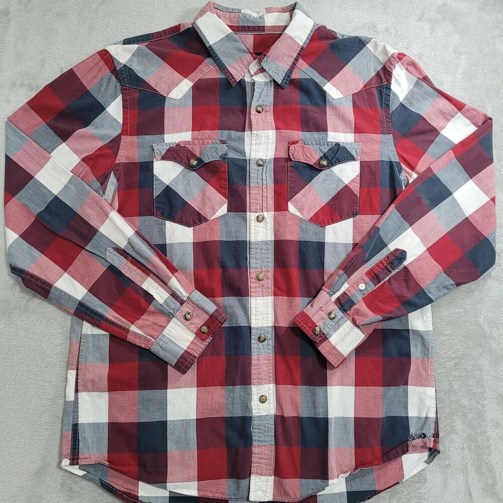 American Eagle Outfitters Shirt Mens Large Red Plaid Long Sleeve Western Snap